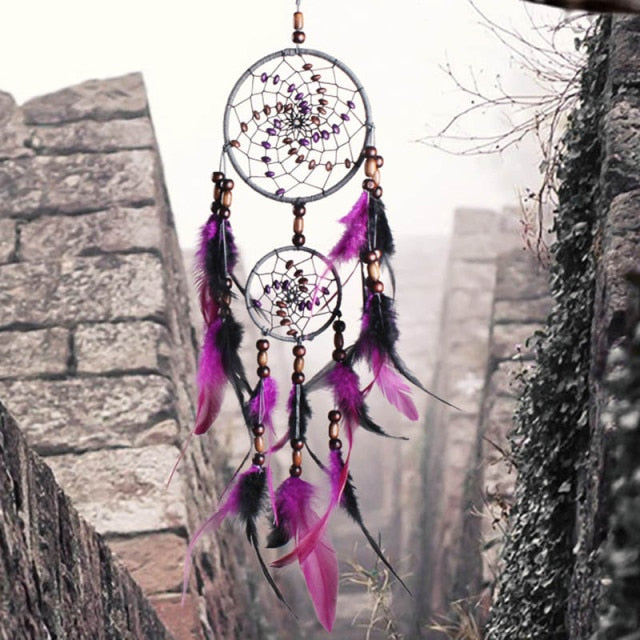 Original silver gray dream catcher 2 ring Indian feather hanging art gifts to bestie friends creative valentine's day gifts