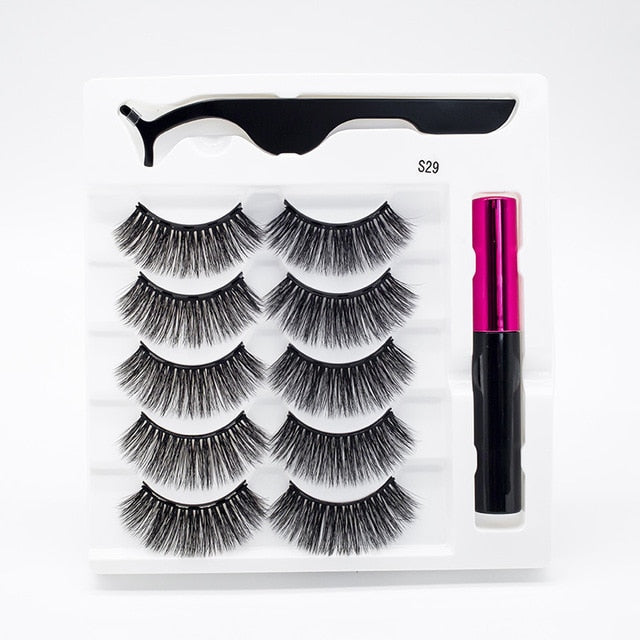 5 Pairs/Set Magnetic Eyelashes False Lashes Repeated Use Eyelashes Waterproof Liquid Eyeliner With Tweezer Makeup Set