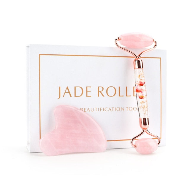 Natural Rose Quartz Jade Roller Gua Sha Set Facial Body Massager Roller Jade Stone Massage Set Face Lifting Beauty Massage Tool