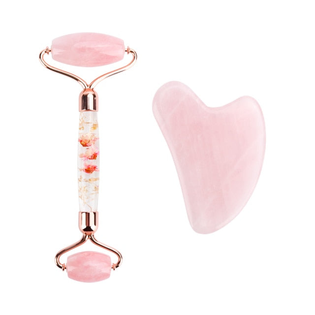 Natural Rose Quartz Jade Roller Gua Sha Set Facial Body Massager Roller Jade Stone Massage Set Face Lifting Beauty Massage Tool