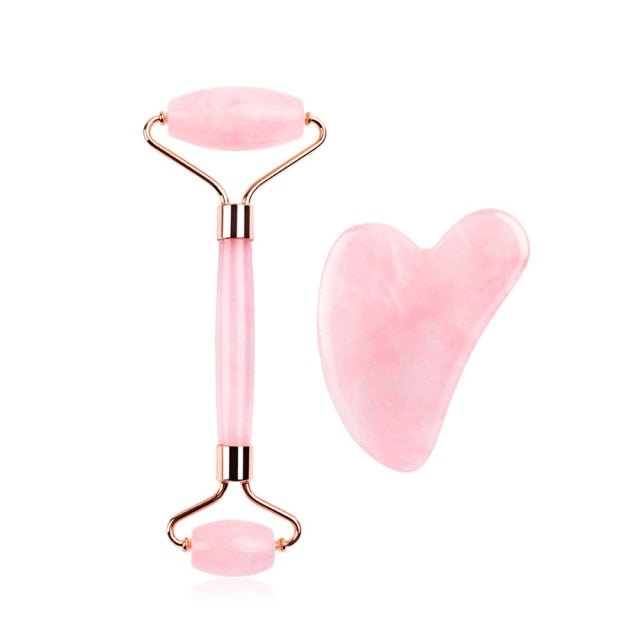 Natural Rose Quartz Jade Roller Gua Sha Set Facial Body Massager Roller Jade Stone Massage Set Face Lifting Beauty Massage Tool