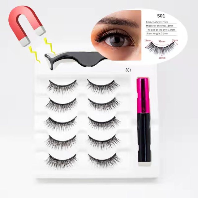 5 Pairs/Set Magnetic Eyelashes False Lashes Repeated Use Eyelashes Waterproof Liquid Eyeliner With Tweezer Makeup Set