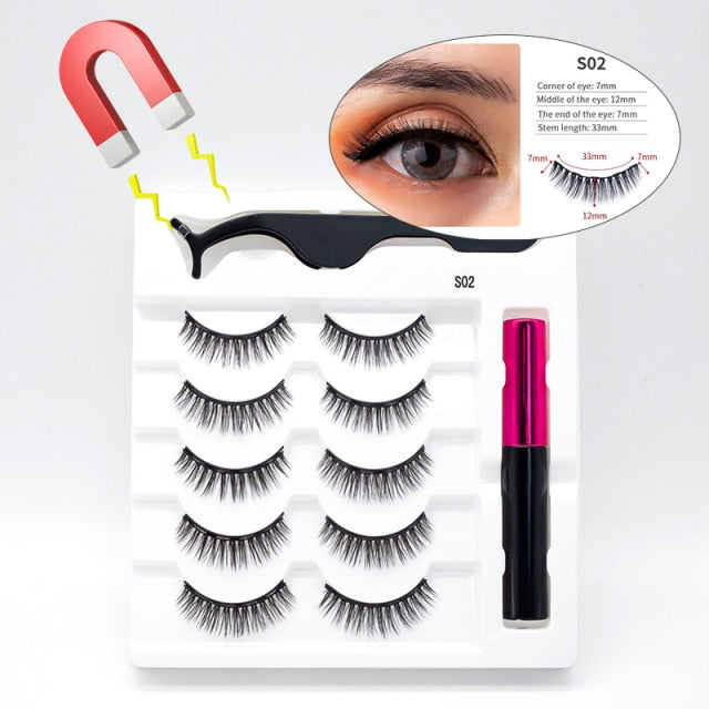 5 Pairs/Set Magnetic Eyelashes False Lashes Repeated Use Eyelashes Waterproof Liquid Eyeliner With Tweezer Makeup Set