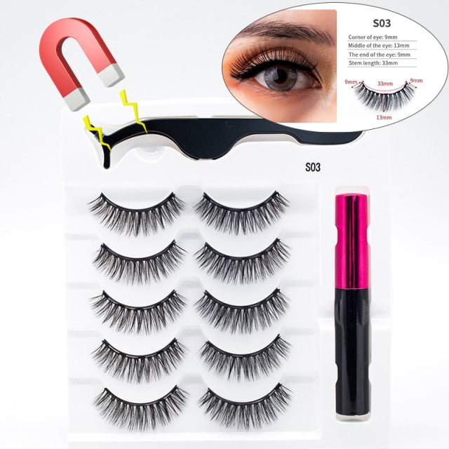 5 Pairs/Set Magnetic Eyelashes False Lashes Repeated Use Eyelashes Waterproof Liquid Eyeliner With Tweezer Makeup Set