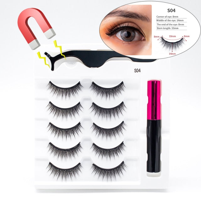 5 Pairs/Set Magnetic Eyelashes False Lashes Repeated Use Eyelashes Waterproof Liquid Eyeliner With Tweezer Makeup Set