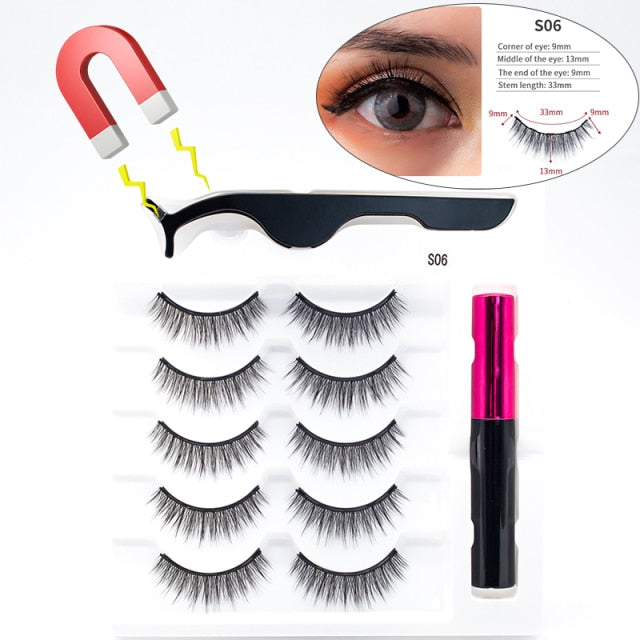 5 Pairs/Set Magnetic Eyelashes False Lashes Repeated Use Eyelashes Waterproof Liquid Eyeliner With Tweezer Makeup Set