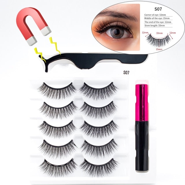 5 Pairs/Set Magnetic Eyelashes False Lashes Repeated Use Eyelashes Waterproof Liquid Eyeliner With Tweezer Makeup Set