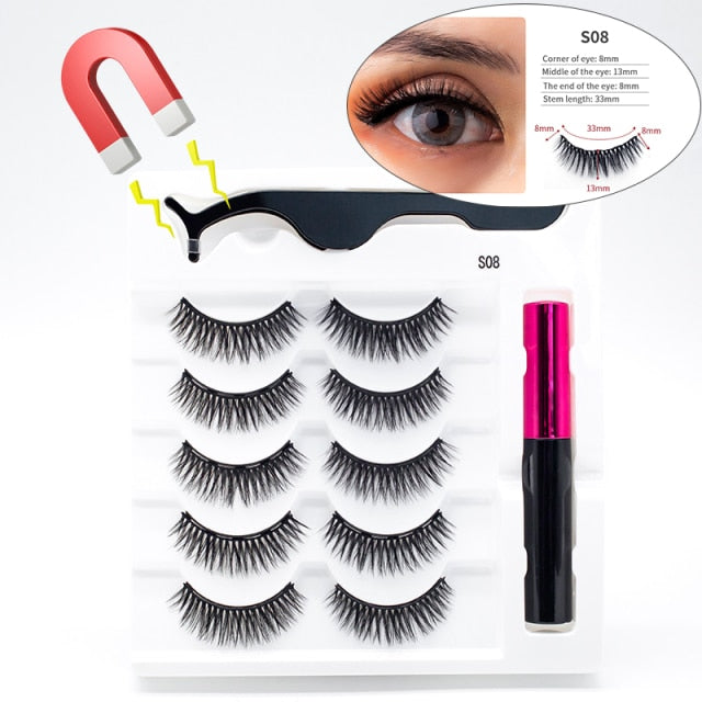 5 Pairs/Set Magnetic Eyelashes False Lashes Repeated Use Eyelashes Waterproof Liquid Eyeliner With Tweezer Makeup Set