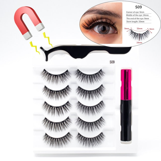 5 Pairs/Set Magnetic Eyelashes False Lashes Repeated Use Eyelashes Waterproof Liquid Eyeliner With Tweezer Makeup Set