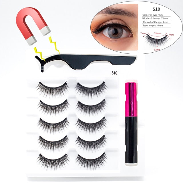 5 Pairs/Set Magnetic Eyelashes False Lashes Repeated Use Eyelashes Waterproof Liquid Eyeliner With Tweezer Makeup Set