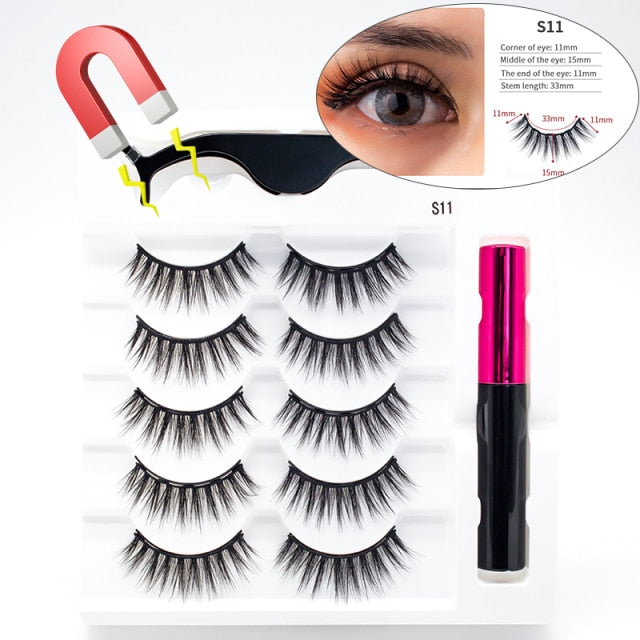 5 Pairs/Set Magnetic Eyelashes False Lashes Repeated Use Eyelashes Waterproof Liquid Eyeliner With Tweezer Makeup Set