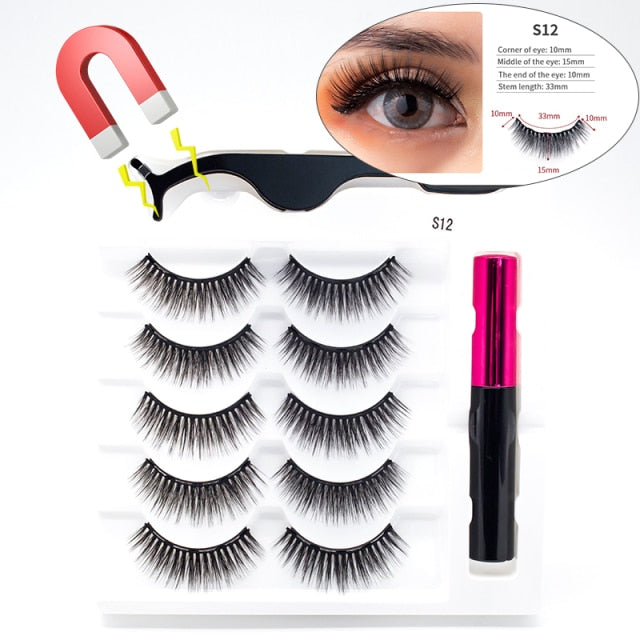 5 Pairs/Set Magnetic Eyelashes False Lashes Repeated Use Eyelashes Waterproof Liquid Eyeliner With Tweezer Makeup Set