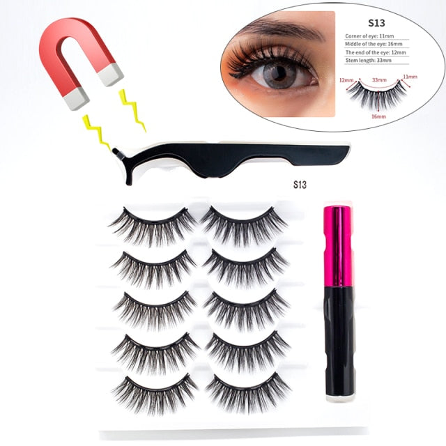 5 Pairs/Set Magnetic Eyelashes False Lashes Repeated Use Eyelashes Waterproof Liquid Eyeliner With Tweezer Makeup Set