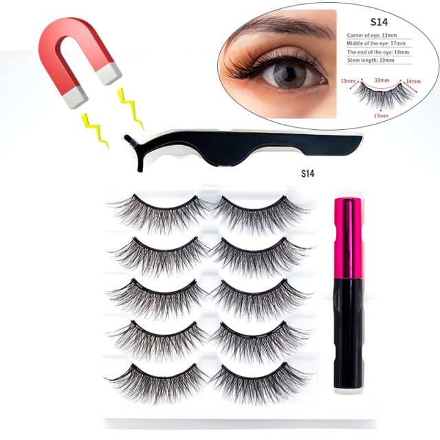 5 Pairs/Set Magnetic Eyelashes False Lashes Repeated Use Eyelashes Waterproof Liquid Eyeliner With Tweezer Makeup Set