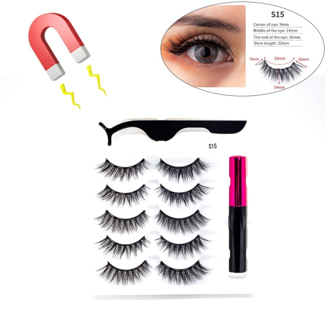 5 Pairs/Set Magnetic Eyelashes False Lashes Repeated Use Eyelashes Waterproof Liquid Eyeliner With Tweezer Makeup Set