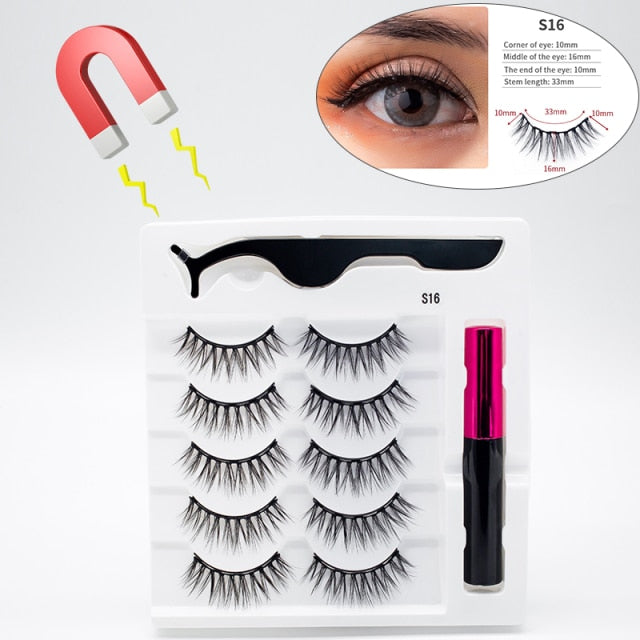 5 Pairs/Set Magnetic Eyelashes False Lashes Repeated Use Eyelashes Waterproof Liquid Eyeliner With Tweezer Makeup Set