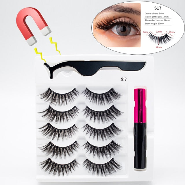 5 Pairs/Set Magnetic Eyelashes False Lashes Repeated Use Eyelashes Waterproof Liquid Eyeliner With Tweezer Makeup Set