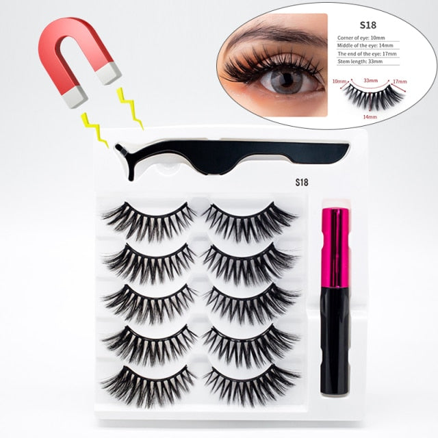 5 Pairs/Set Magnetic Eyelashes False Lashes Repeated Use Eyelashes Waterproof Liquid Eyeliner With Tweezer Makeup Set