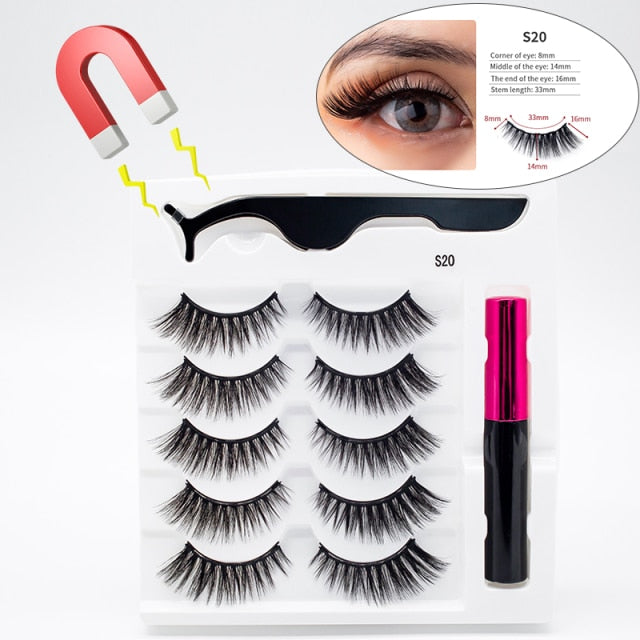 5 Pairs/Set Magnetic Eyelashes False Lashes Repeated Use Eyelashes Waterproof Liquid Eyeliner With Tweezer Makeup Set