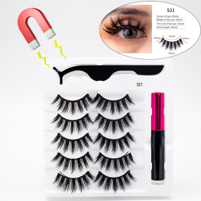 5 Pairs/Set Magnetic Eyelashes False Lashes Repeated Use Eyelashes Waterproof Liquid Eyeliner With Tweezer Makeup Set