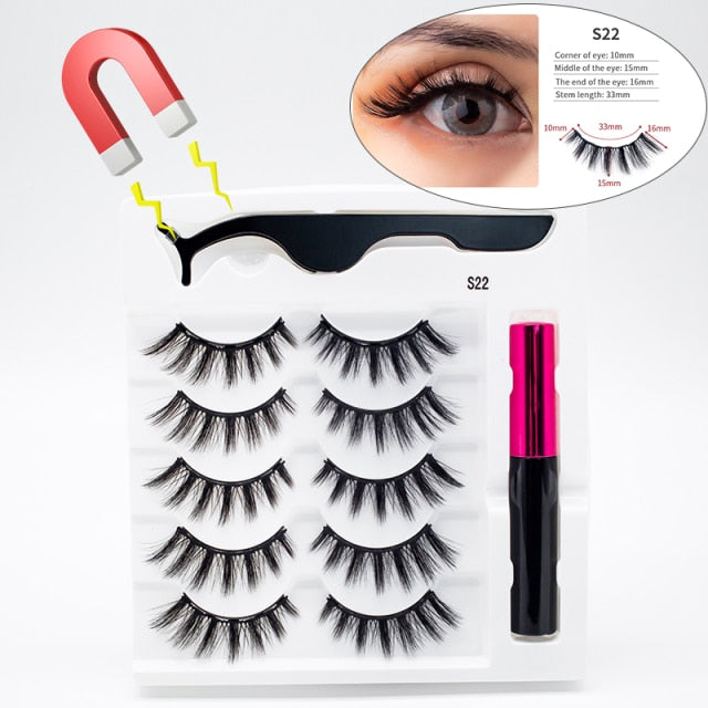 5 Pairs/Set Magnetic Eyelashes False Lashes Repeated Use Eyelashes Waterproof Liquid Eyeliner With Tweezer Makeup Set