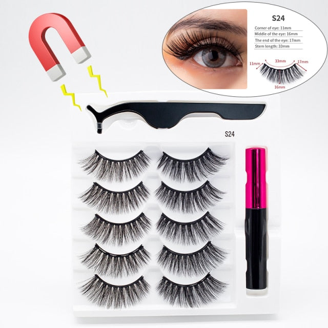 5 Pairs/Set Magnetic Eyelashes False Lashes Repeated Use Eyelashes Waterproof Liquid Eyeliner With Tweezer Makeup Set