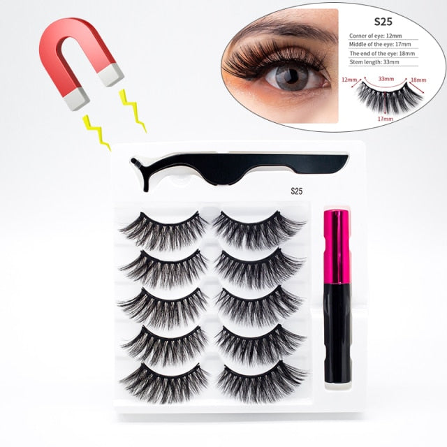 5 Pairs/Set Magnetic Eyelashes False Lashes Repeated Use Eyelashes Waterproof Liquid Eyeliner With Tweezer Makeup Set