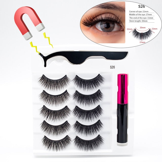 5 Pairs/Set Magnetic Eyelashes False Lashes Repeated Use Eyelashes Waterproof Liquid Eyeliner With Tweezer Makeup Set