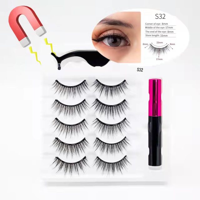 5 Pairs/Set Magnetic Eyelashes False Lashes Repeated Use Eyelashes Waterproof Liquid Eyeliner With Tweezer Makeup Set